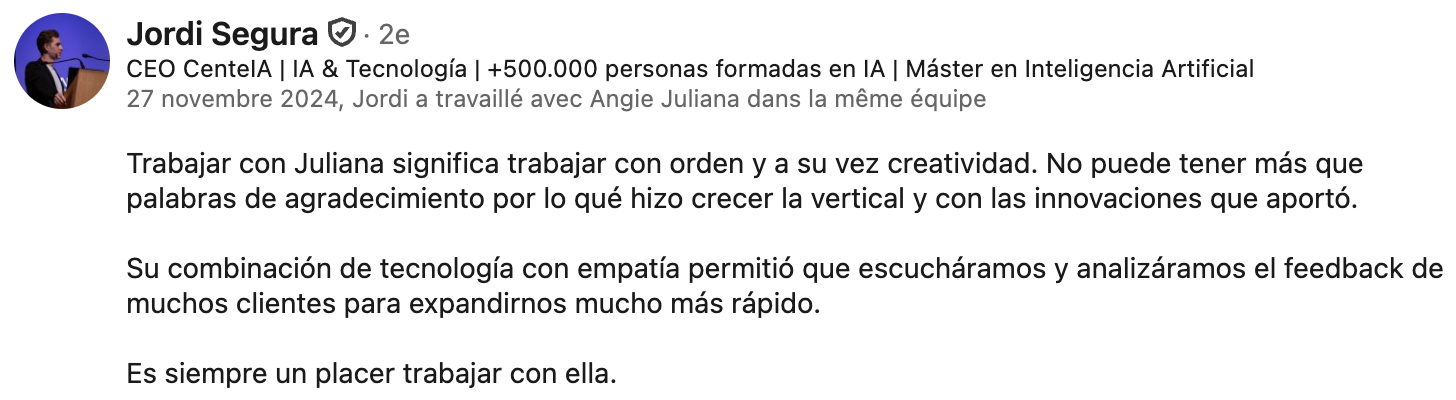 Recomendación de Jordi Segura en LinkedIn