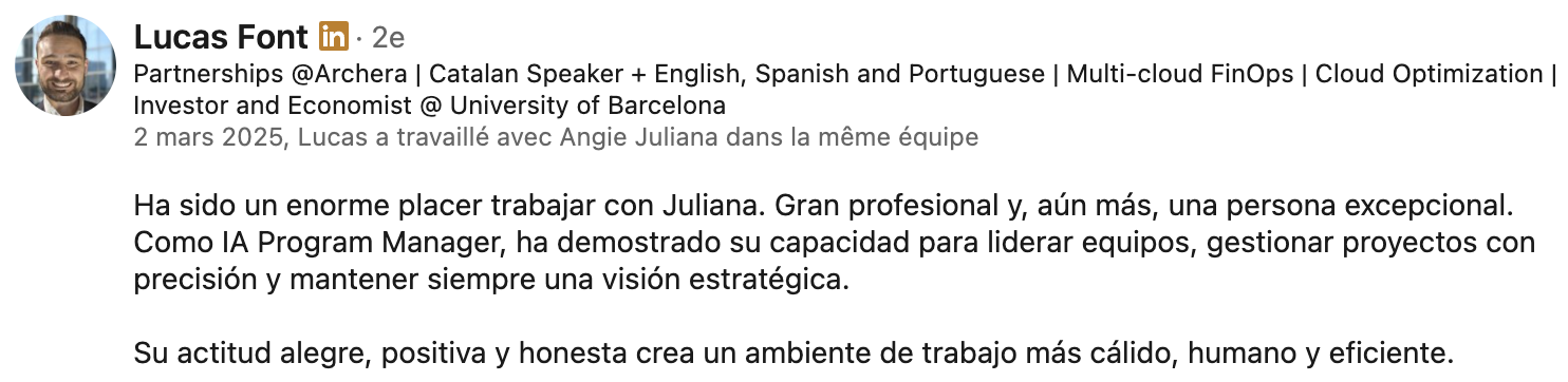 Recomendación de Lucas Font en LinkedIn